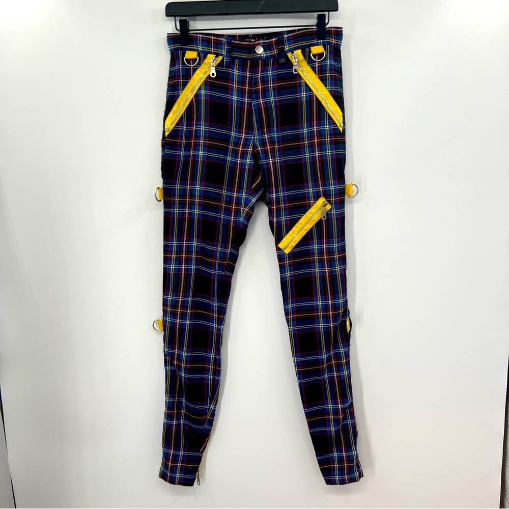 Rare Morbid Threads Plaid Striped Strap Zip Cuff Skinny Leg Y2k Grunge Pants